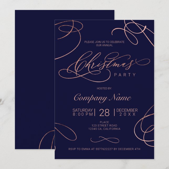 Navy rose gold flourish script Christmas corporate Invitation (Front/Back)