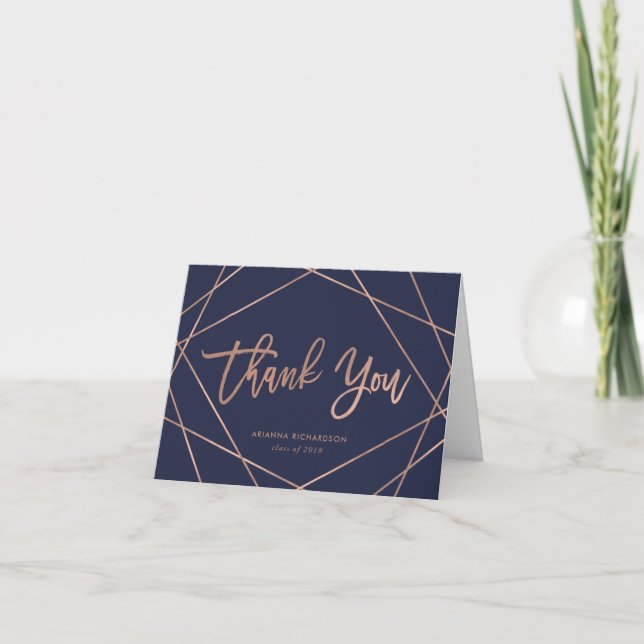 Navy | Rose Gold Geometric Graduation Thank You Card (Front)