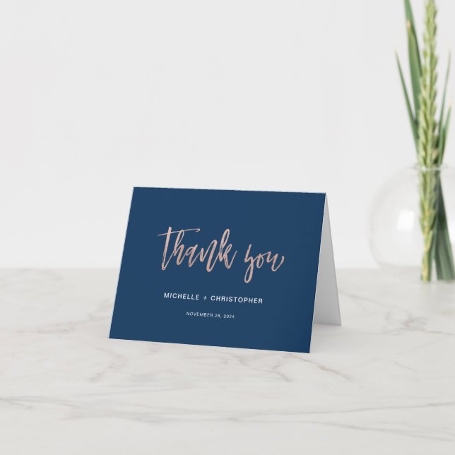 Navy & Rose Gold Glam Chic Folded Thank You Card (Front)