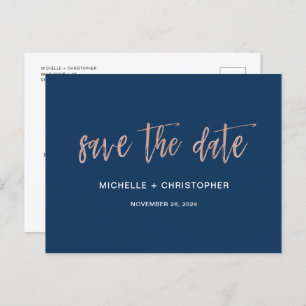 Navy & Rose Gold Glam Chic Save The Date Postcard
