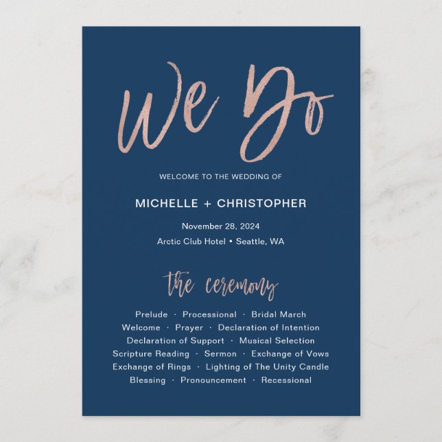 Navy & Rose Gold Glam We Do Wedding Program Card (Front)