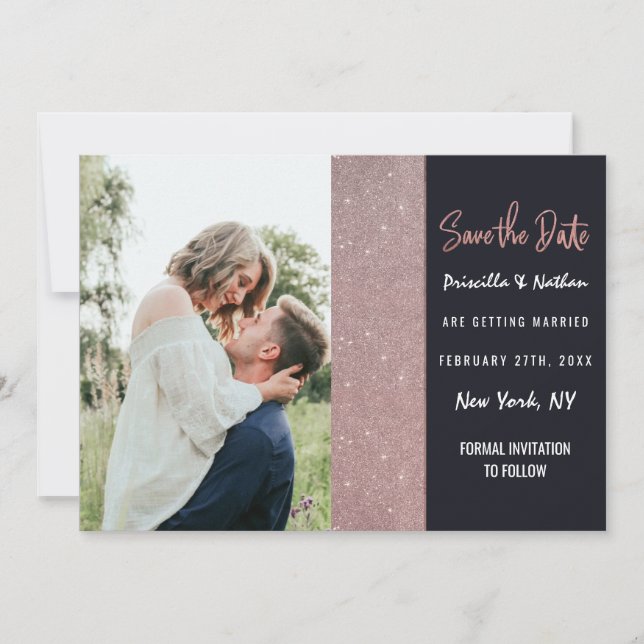 Navy Rose Gold Glitter Colour Block Save the Date (Front)