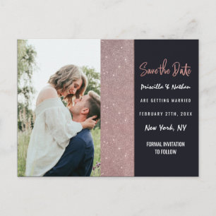 Navy Rose Gold Glitter Colour Block Save the Date Announcement Postcard