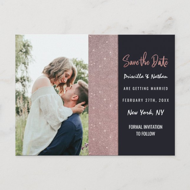 Navy Rose Gold Glitter Colour Block Save the Date Announcement Postcard (Front)