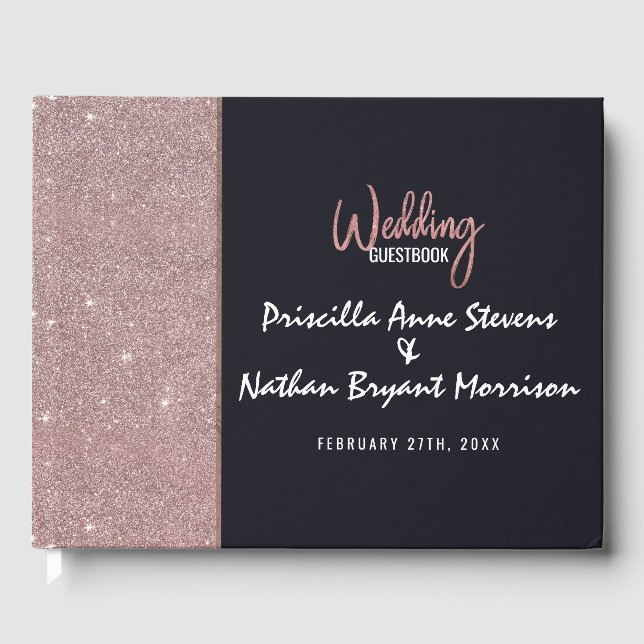Navy Rose Gold Glitter Colour Block Wedding Guest Book (Front)