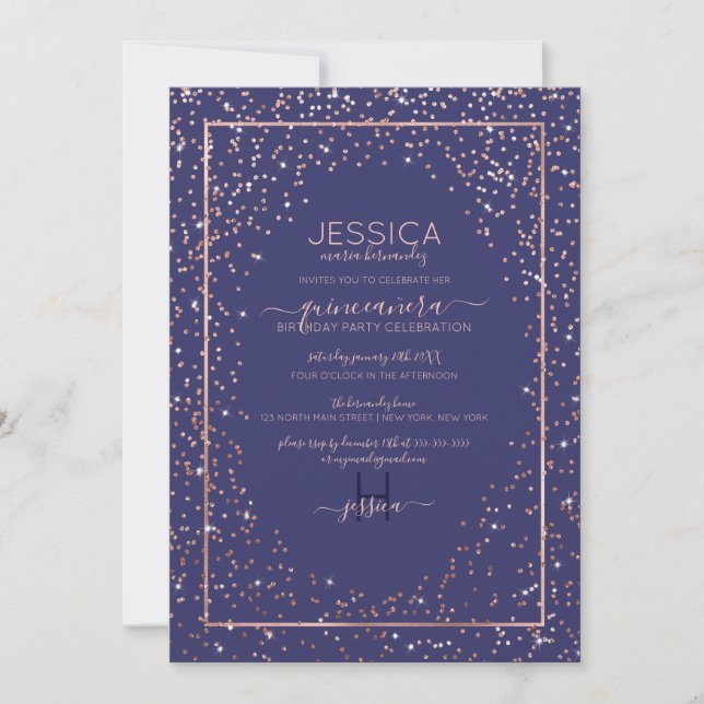 Navy Rose Gold Glitter Confetti Border Quinceañera Invitation (Front)