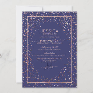 Navy Rose Gold Glitter Confetti Border Quinceañera Invitation