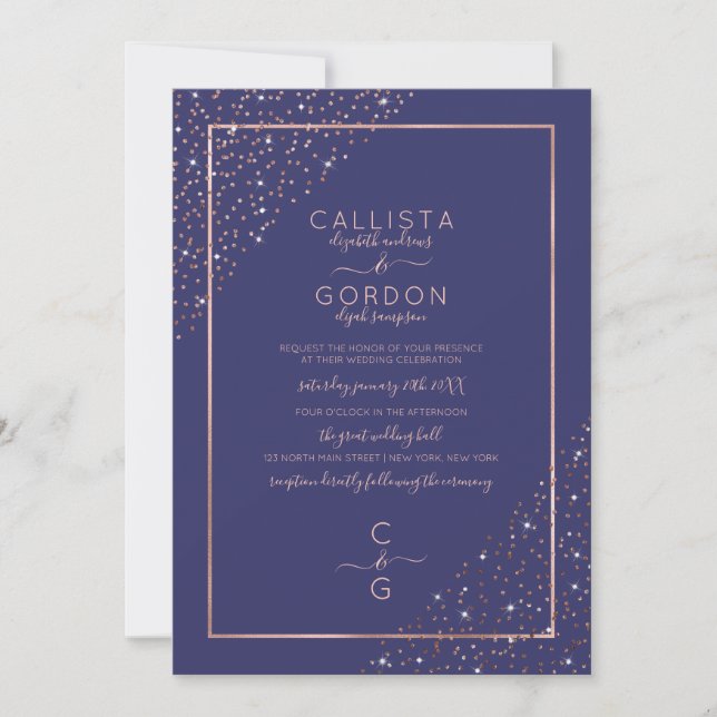 Navy Rose Gold Glitter Confetti Corners Wedding Invitation (Front)