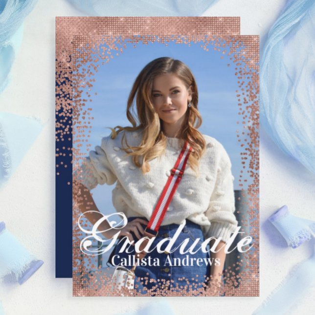Navy Rose Gold Glitter Confetti Photo Graduation Invitation (Creator Uploaded)