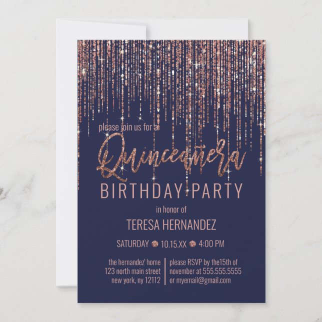 Navy Rose Gold Glitter Fringe Curtain Quinceañera Invitation (Front)