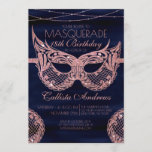 Navy Rose Gold Glitter Lace Masquerade Birthday Invitation<br><div class="desc">This elegant and chic Masquerade themed (Age) birthday party invitation is perfect for the girly girl. It features a faux printed rose gold glitter masquerade mask, hanging glitter diamond strands, and lace on top of a luxurious navy blue silk background. It's a pretty, glamourous, modern, and unique luxury bling design....</div>