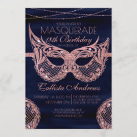 Navy Rose Gold Glitter Lace Masquerade Birthday