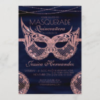 Navy Rose Gold Glitter Lace Masquerade Quinceañera