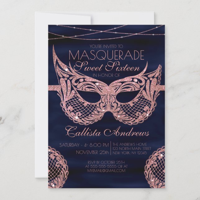 Navy Rose Gold Glitter Lace Masquerade Sweet 16 Invitation (Front)
