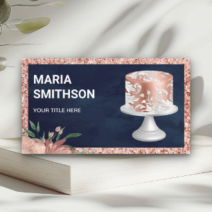 Navy Rose Gold Glitter Pink Ornate Cake Bakery Business Card