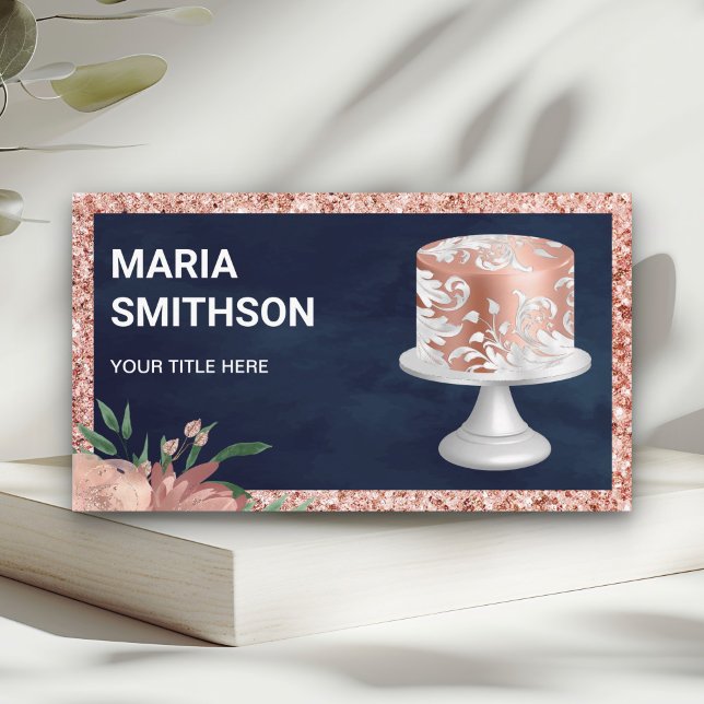 Navy Rose Gold Glitter Pink Ornate Cake Bakery Business Card (Creator Uploaded)