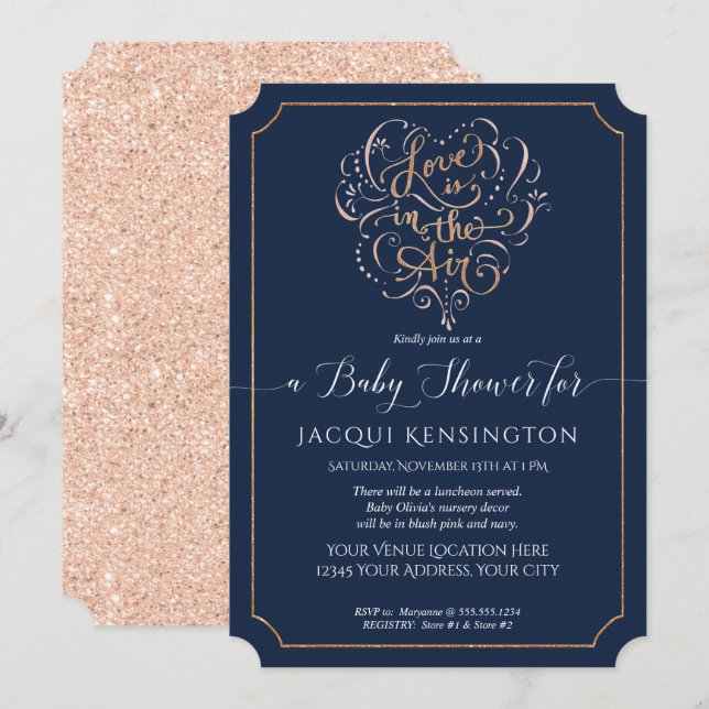 Navy Rose Gold Glitter Typography Baby Girl Shower Invitation (Front/Back)