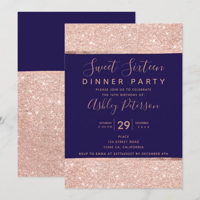 Navy rose gold glitter typography Sweet Sixteen Invitation (Front/Back)