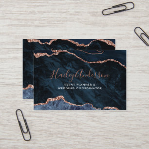 Navy & Rose Gold Glitter Watercolor Gilded Agate Business Card