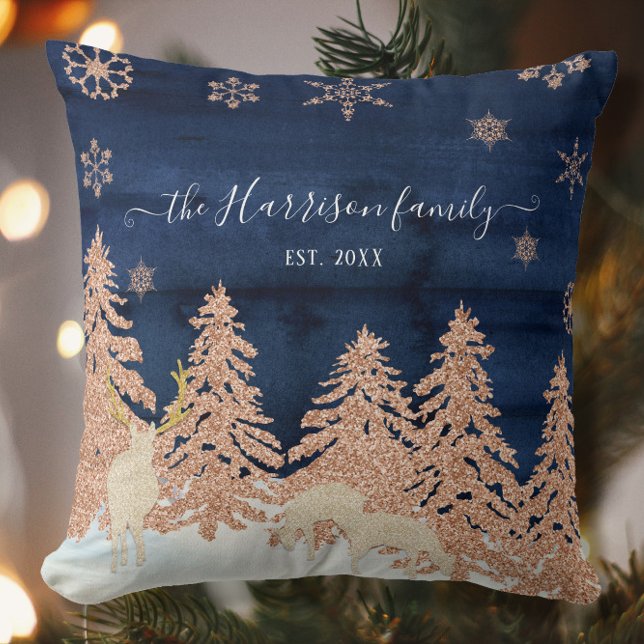 Navy Rose Gold Glitter Winter Forest Family Name Cushion (Creator Uploaded)