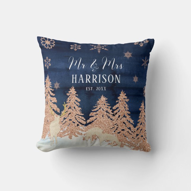 Navy Rose Gold Glitter Winter Forest Mr and Mrs Cushion (Front)