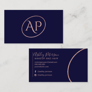 Navy rose gold initial logo hair makeup typography business card
