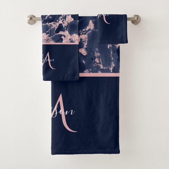 Navy & Rose Gold Marble Monogram Elegant Luxury Bath Towel Set (Insitu)