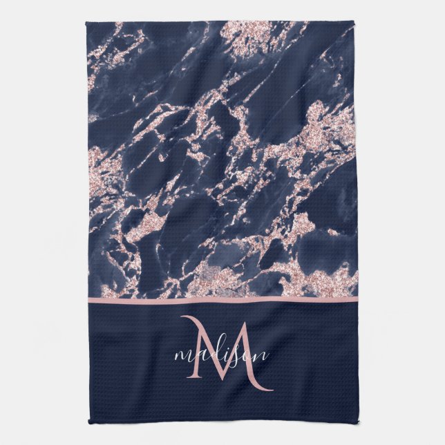 Navy & Rose Gold Marble Monogram Elegant Luxury  Tea Towel (Vertical)