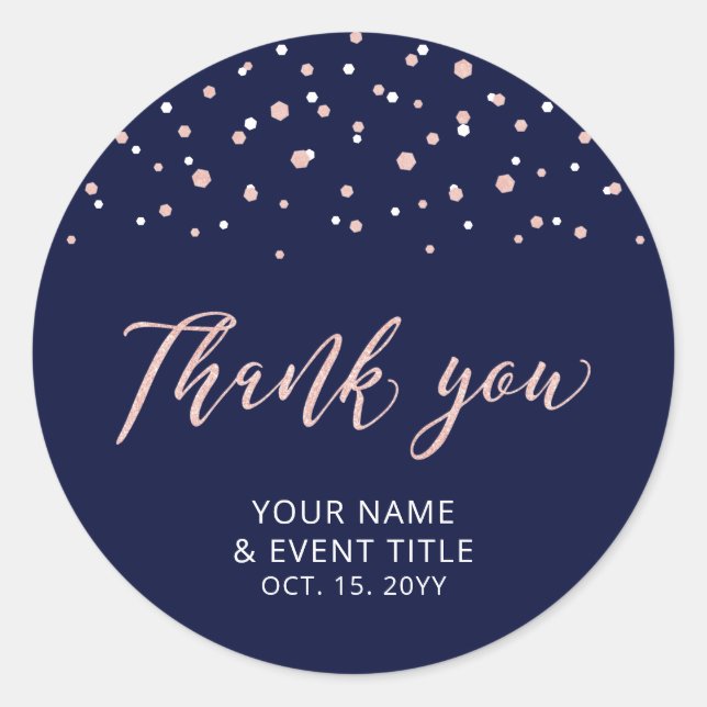 Navy & Rose gold Modern Birthday Favour Thank you Classic Round Sticker (Front)
