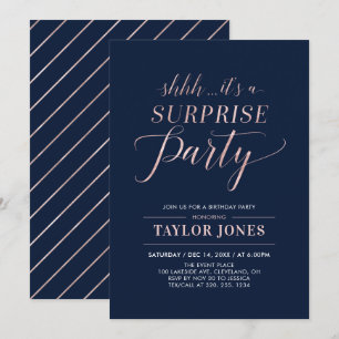 Navy & Rose gold Modern Surprise Birthday Party Invitation