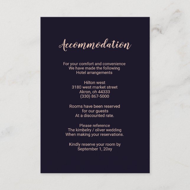 Navy Rose Gold Monogram Wedding accommodation card (Front)