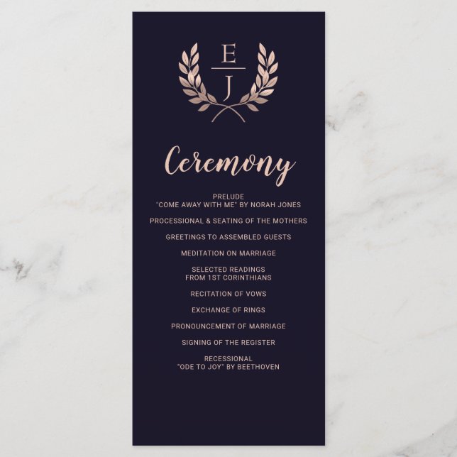 Navy Rose Gold Monogram Wedding programs Programme (Front)