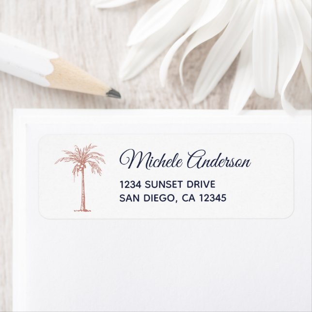Navy Rose Gold Palm Tree Wedding Return Address (Insitu)