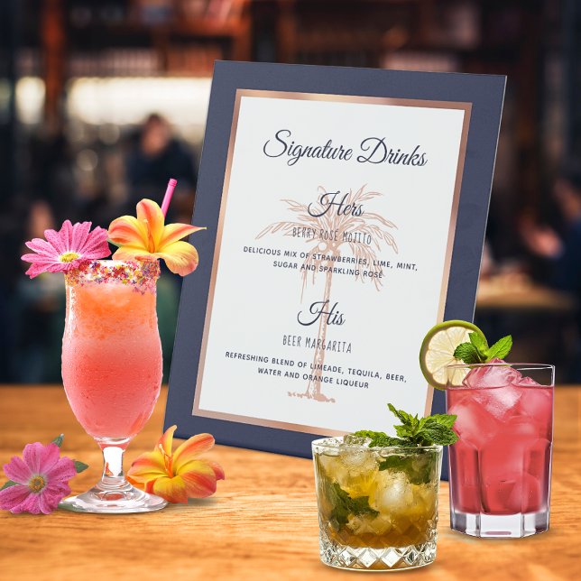 Navy Rose Gold Palm Tree Wedding Signature Drinks Pedestal Sign (Navy Rose Gold Palm Tree Wedding Signature Drinks Pedestal Sign)