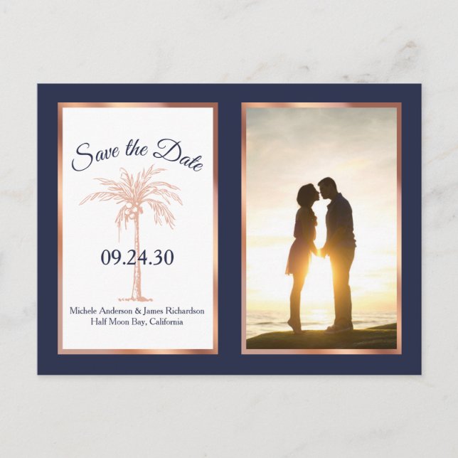 Navy Rose Gold Palm Wedding Save The Date Photo Announcement Postcard (Front)