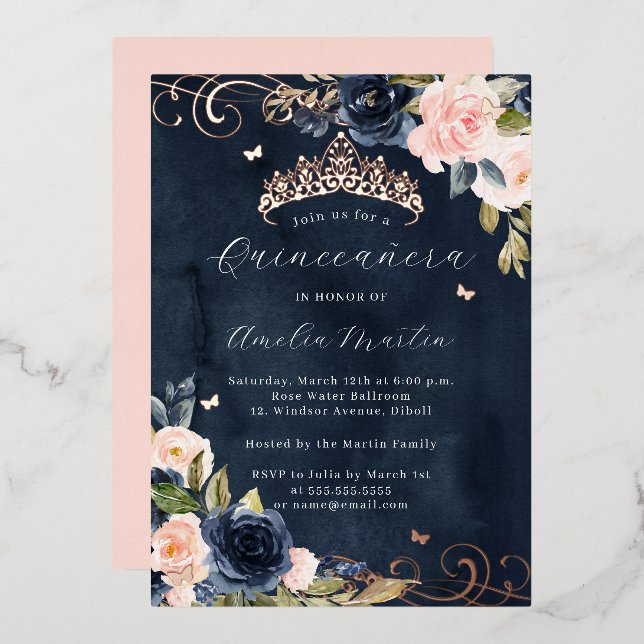 Navy Rose Gold Pink Floral Swirl Quinceanera   (Front/Back)