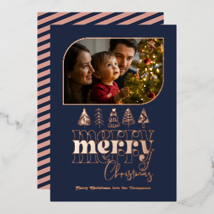 Navy & Rose Gold Retro Doodle Christmas Photo Foil Holiday Card
