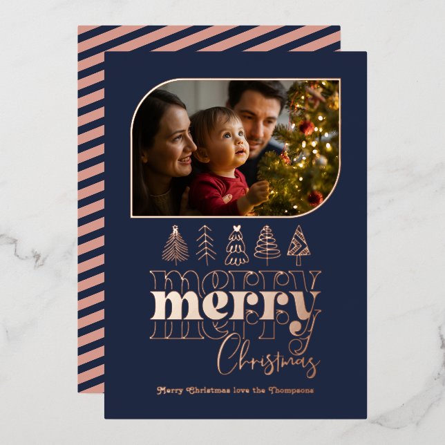 Navy & Rose Gold Retro Doodle Christmas Photo Foil Holiday Card (Front/Back)