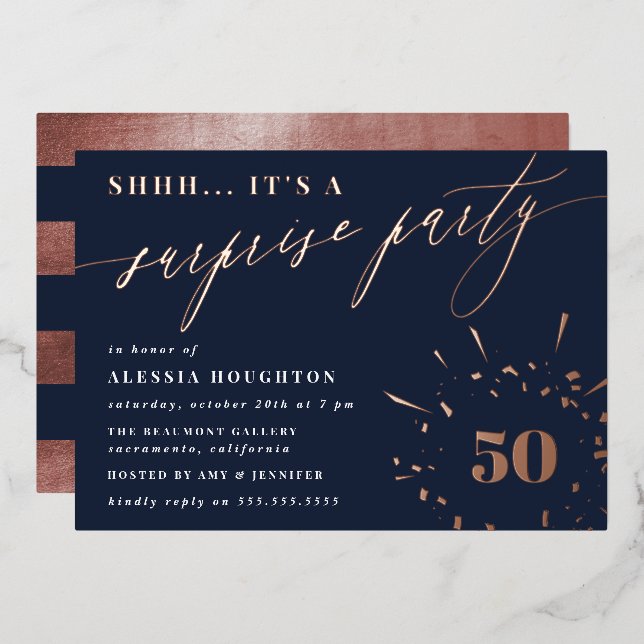 Navy & Rose Gold Script Surprise Party (Front/Back)