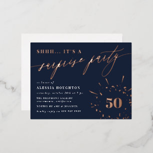 Navy & Rose Gold Script Surprise Party Foil Invitation Postcard