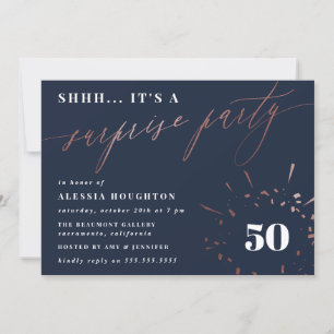 Navy & Rose Gold Script Surprise Party Invitation