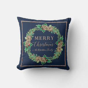 Navy Rose Gold Script Typography Merry Christmas Cushion