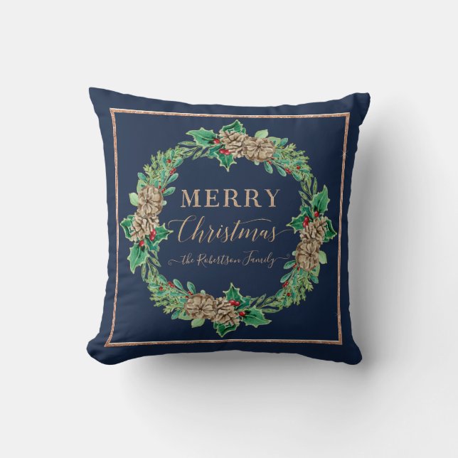 Navy Rose Gold Script Typography Merry Christmas Cushion (Front)
