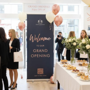 Navy & Rose Gold Script Welcome Logo QR Code Retractable Banner