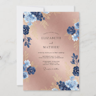 Navy Rose Gold Shimmering Floral Wedding Invitation