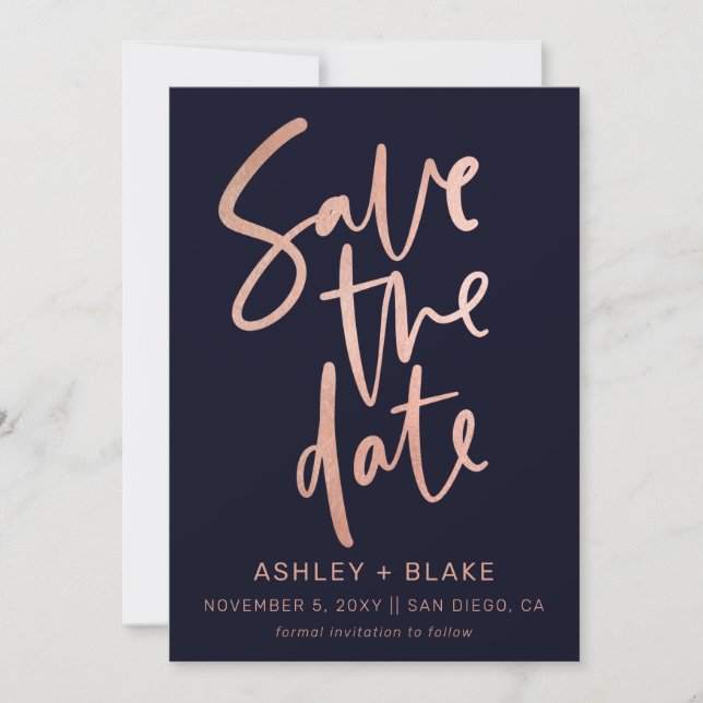 Navy Rose Gold Simple Handwritten Calligraphy Save The Date (Front)
