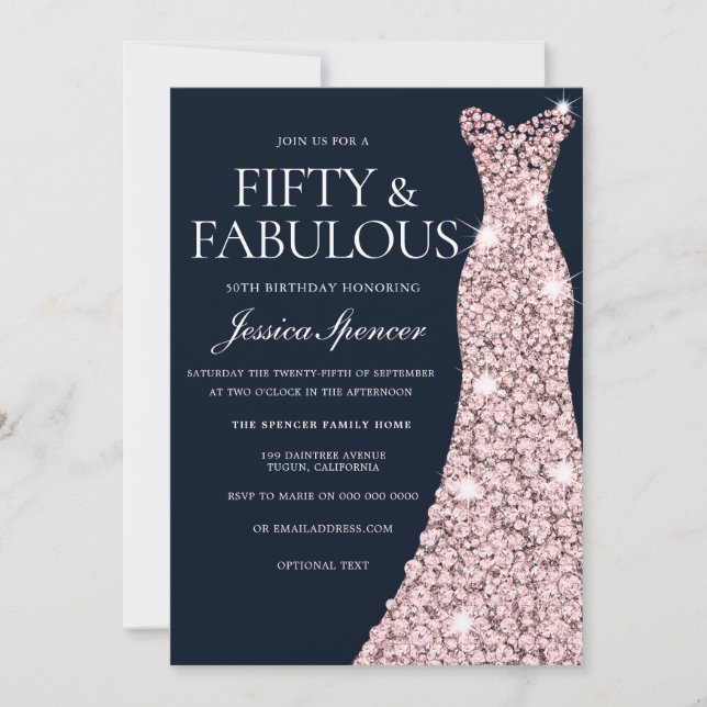 Navy & Rose Gold Sparkle Dress 50th Birthday Invitation (Front)