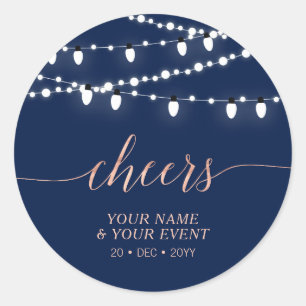 Navy & Rose Gold String Lights Cheers Favour Gift Classic Round Sticker