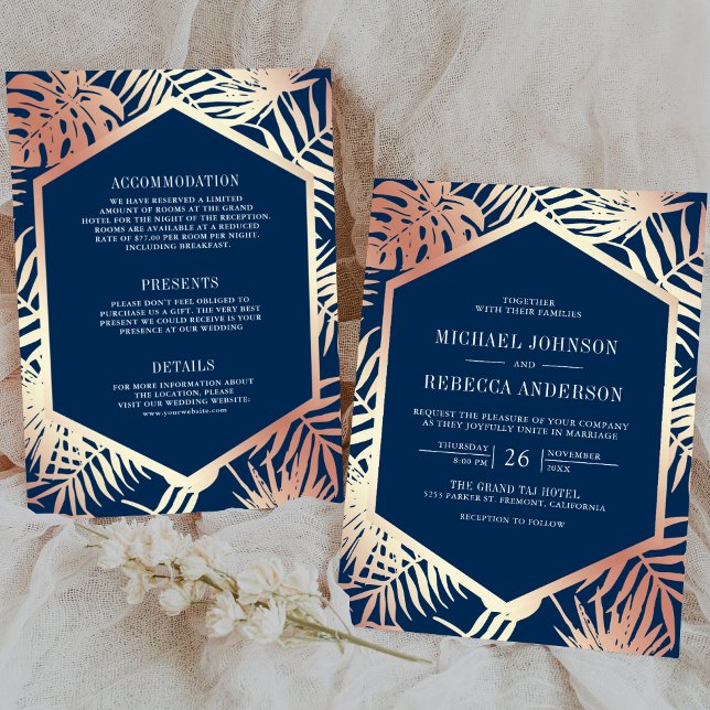Navy Rose Gold Tropical Palm All in One Wedding Invitation (Creator Uploaded)