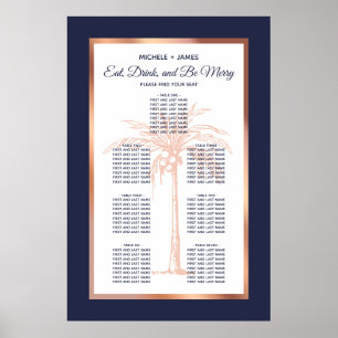 Navy Rose Gold Tropical Palm Wedding Seating Chart